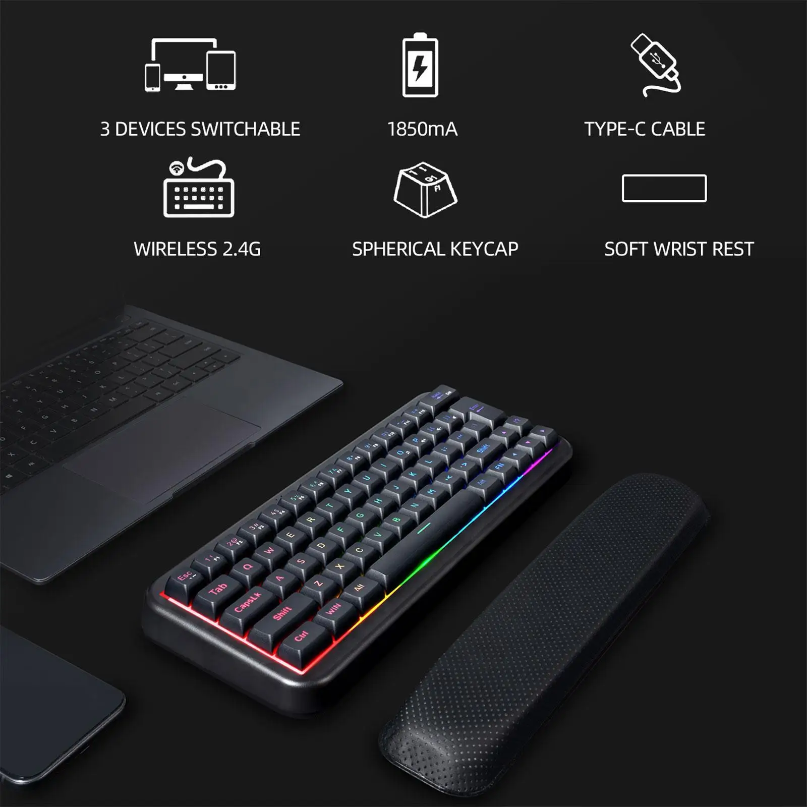 2.4G Wireless Keyboard with Wrist Rest 63-Key Hot Swappable RGB Compact Lightweight Backlit Rechargeable for Computer Desktop PC