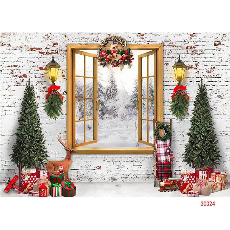 NITREE Christmas Tree Window Wreath Photography Backdrop Wooden Doors Snowman Cinema Pine New Year Background Prop TNB-02