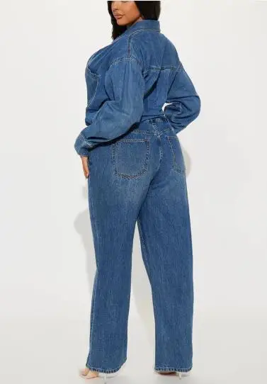 

Autumn New Retro Classic Style Lapel Button Front Long Sleeved Denim Jumpsuit for Women's Fashionable Commuting Jumpsuit