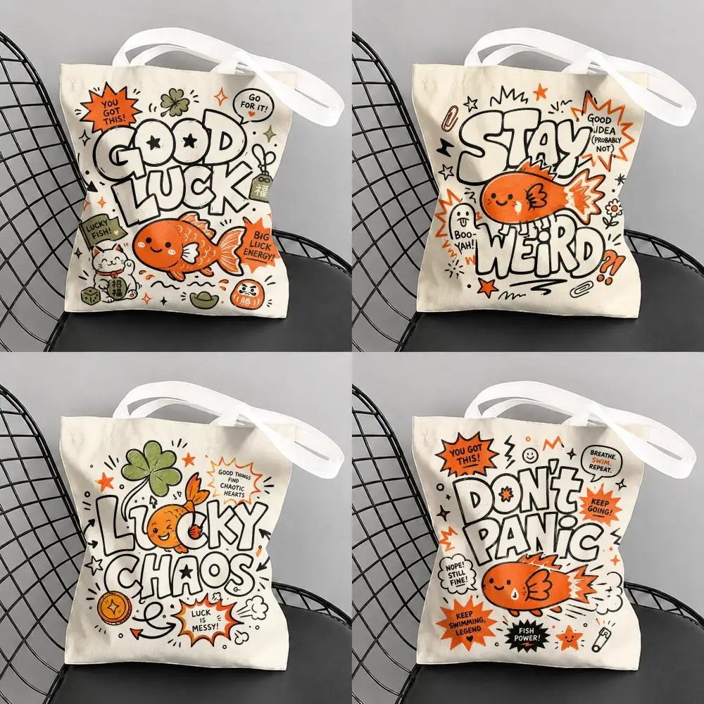 Cute Motivational Goldfish Storage Bags Canvas Tote Bag Large Capacity Reusable For Shopping Commute Grocery Shoulder Bag Gift
