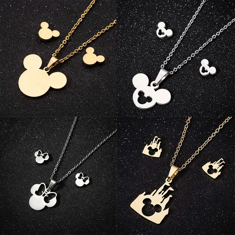 Conjunto de joyería de acero inoxidable con cabeza de Mickey para mujer y niña, collar de pendientes de botón de Minnie Mouse, Color dorado y