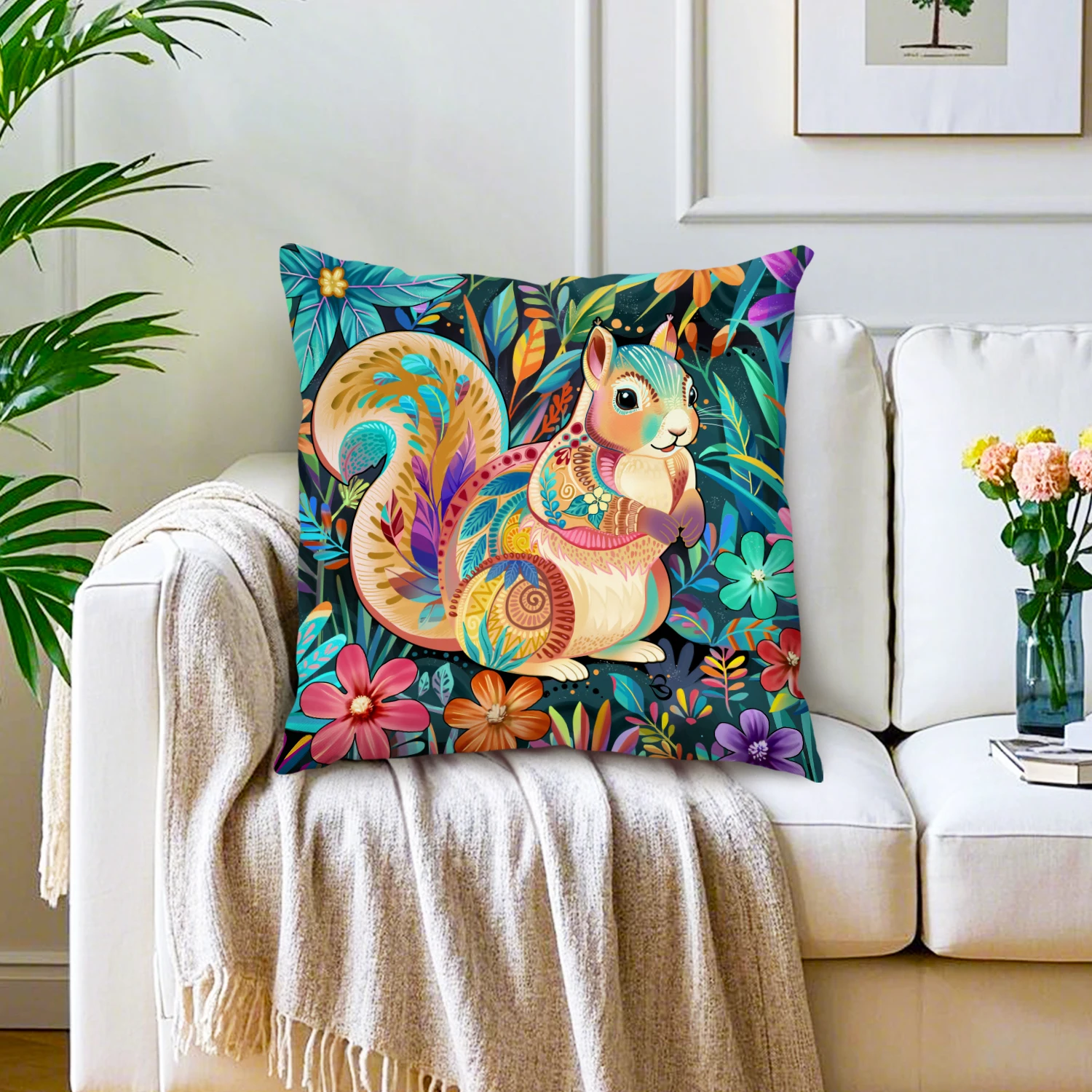 Squirrel Gifts Woodland Animals Pillow Cover Tropical Botanical Cushion Case Whimsical Farmhouse Decor Sofa Couch Bedroom Patio