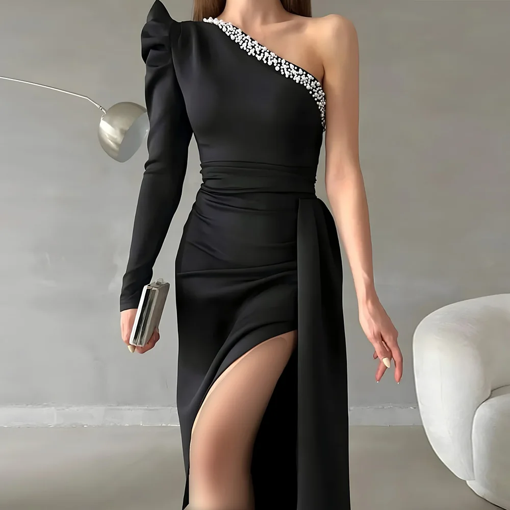 

Jersey One Shoulder Long Sleeves Floor Length Side Slit Straight Evening Dress Panel Train Pearls High Quality Party Gowns