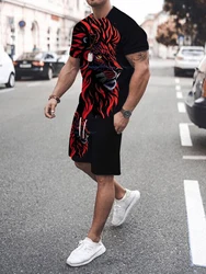 Traje de verano para hombre, camiseta de manga corta informal a la moda para todos los días, pantalones cortos cómodos sueltos para deportes al aire libre, estampado de León 3D