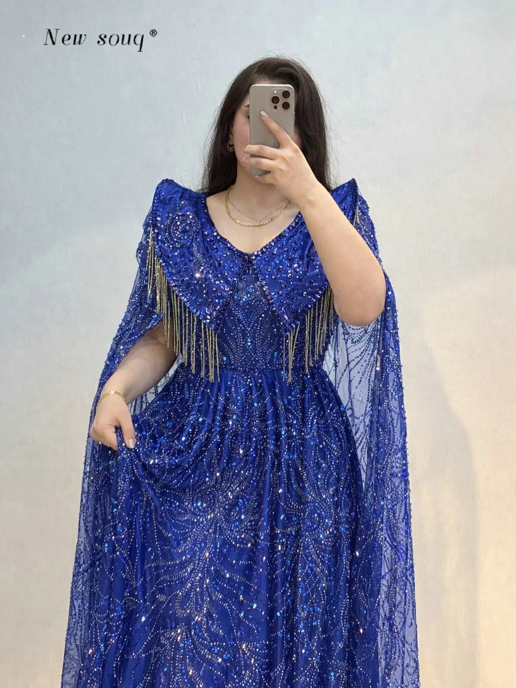 

Arabic Turkey Royal Blue Evening Dresses with Long Shoulder Cape Customized A Line Beaded Sequins Modest Party Gowns for Wedding