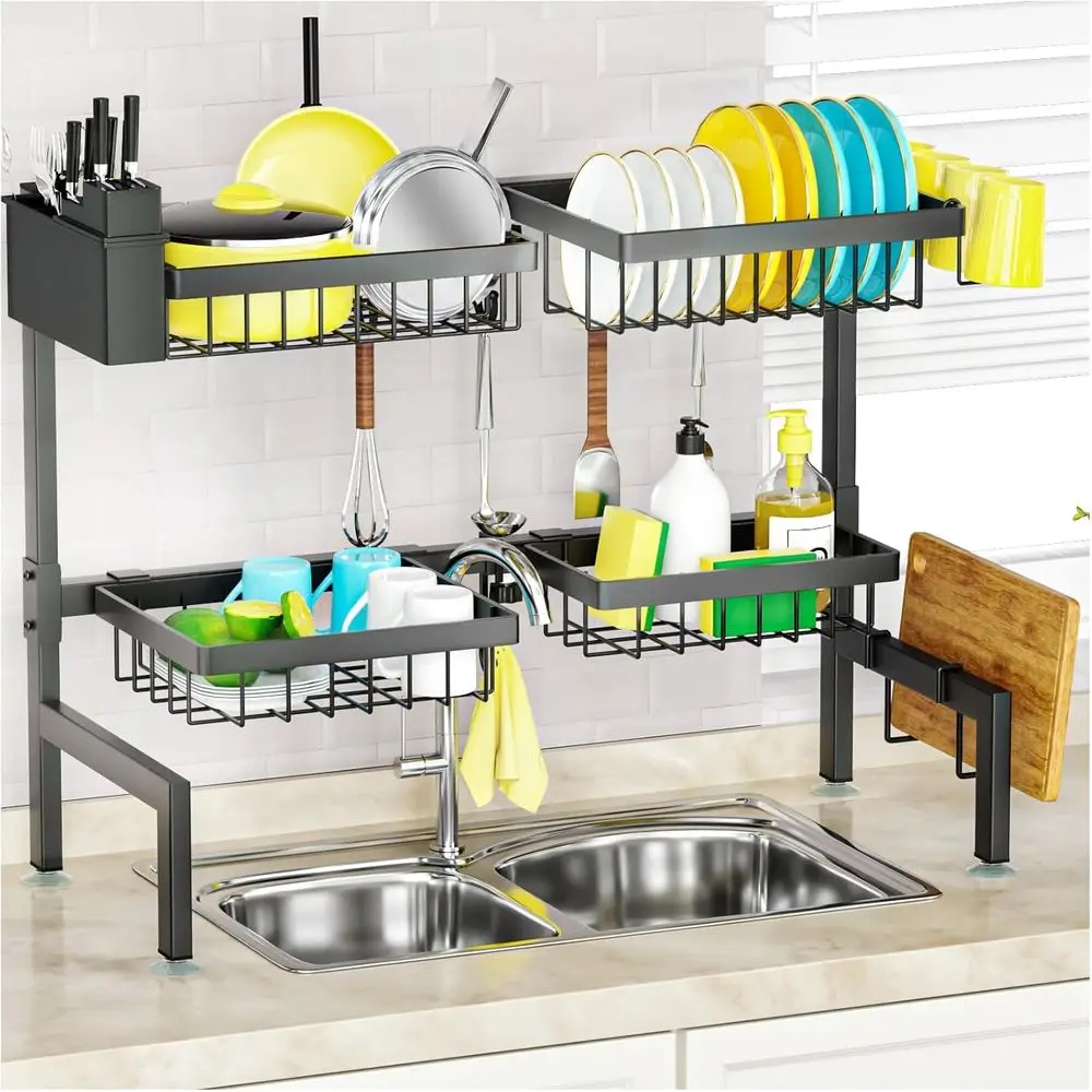 

4 Baskets 2-Tier Over The Sink Dish Drying Rack, 26.57"-35", Large Sink Rack or Kitchen, Extensible and Adjustable, Saving Kitch