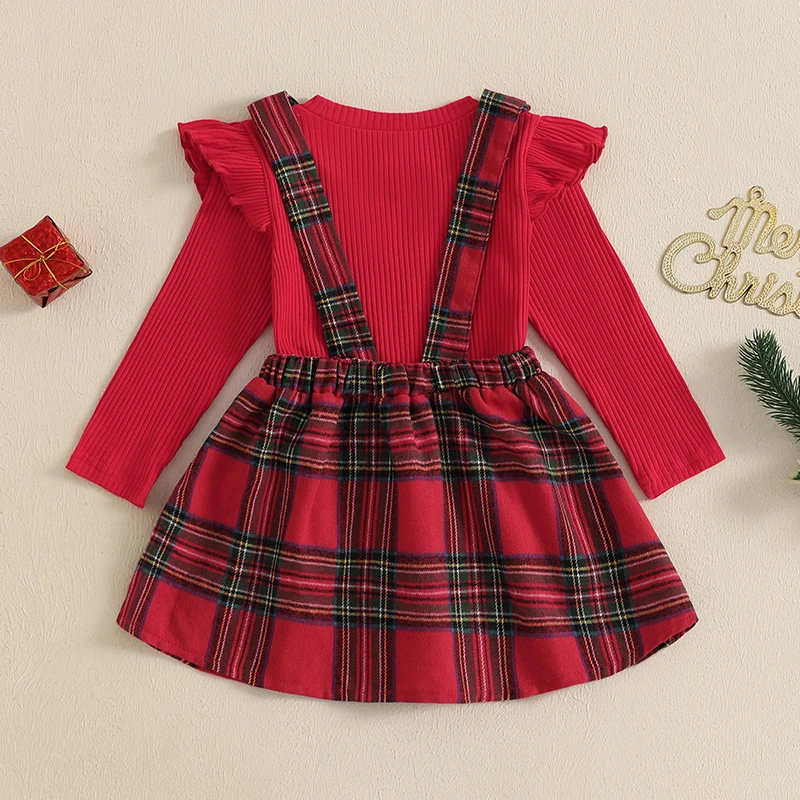 2024-08-12 Lioraitiin 2-Piece Girls Christmas Skirt Set Long Sleeve Ruffled Ribbed Tops Plaid Heart Overalls Skirt Outfits