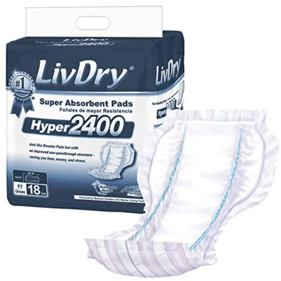 LivDry High Absorbency Pad Insert for Incontinence Briefs and Adult Diapers Women and Men Hyper 2400 18 Count
