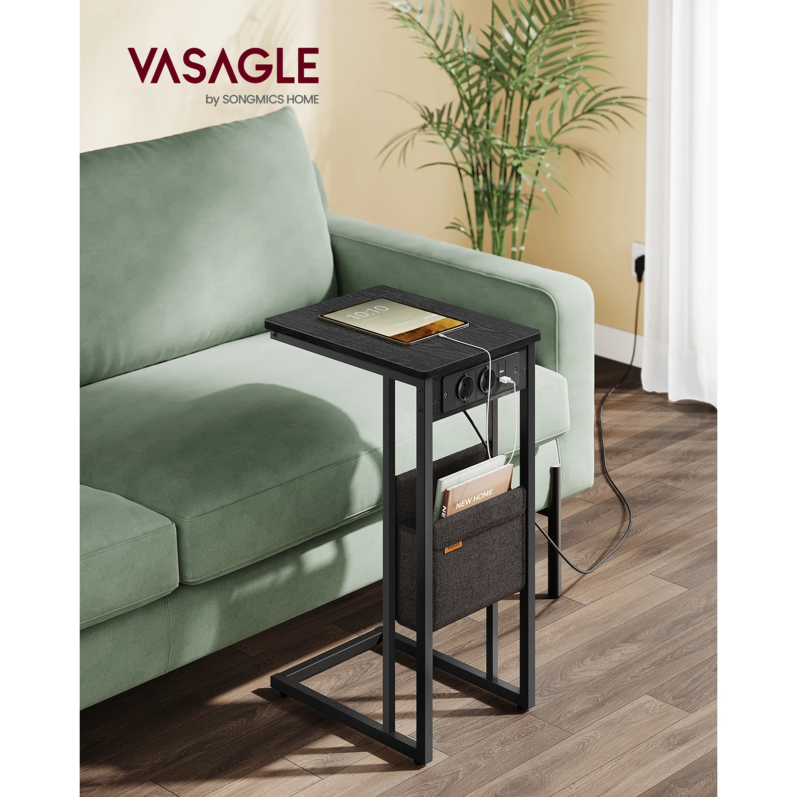 VASAGLE Side Table, Nightstand with Charging Station, C-Shaped, for Small Spaces, 2 USB Ports and Outlets, Adjustable Feet