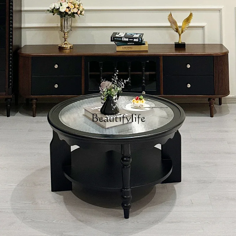 

yj5 French Retro Solid Wood Coffee Table for Living Room, Simple Small Apartment Round Tea Table
