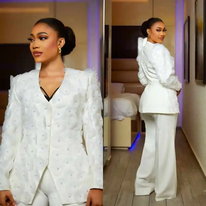 

Celebrity Appliques Women Jacket Outfits 2 Pieces Elegant Full Sleeve Jacket Wide Legs Pants Customized Evening Dresses