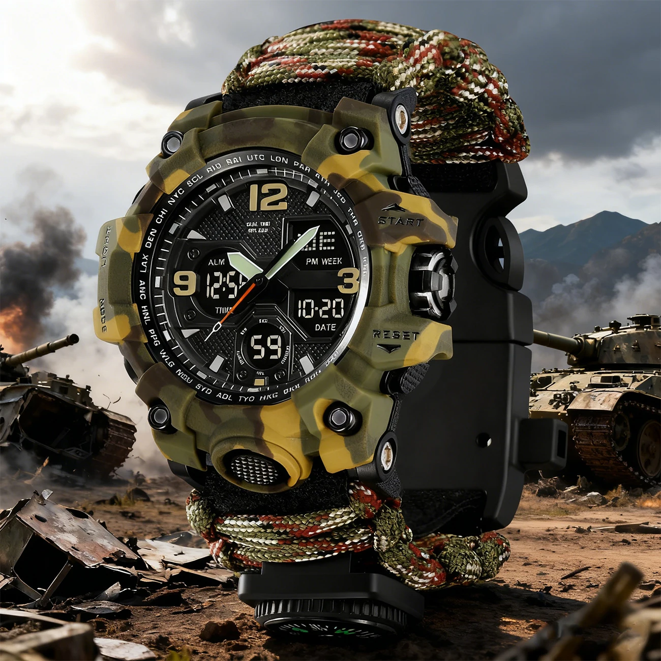 

Мужские спортивные часы армейского зеленого цвета со светодиодной подсветкой, многофункциональные водонепроницаемые цифровые часы с двойным дисплеем, цифровые военные часы