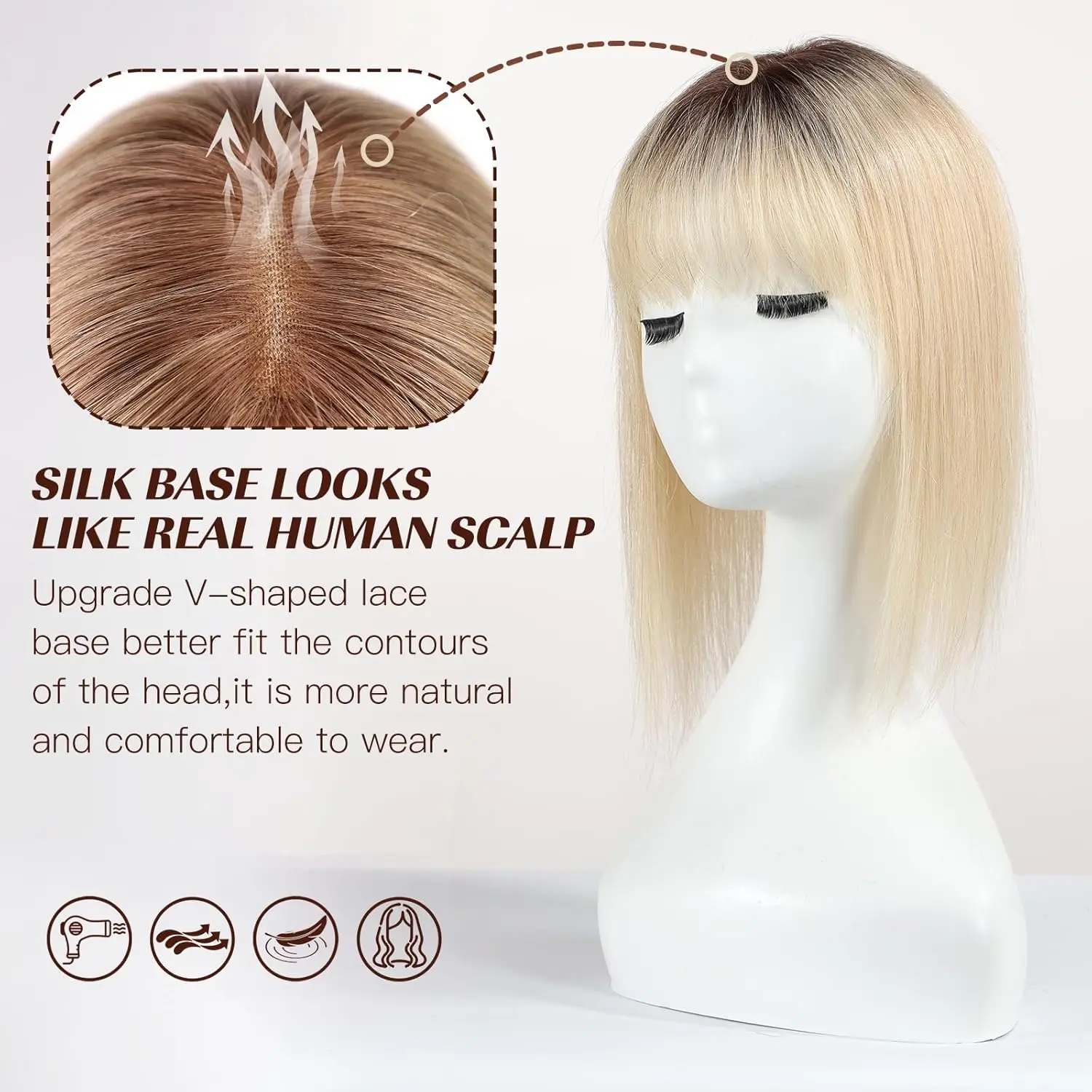 Blonde Ombre Human Hair Toppers with Bangs Clip in Lace Base Hair Extensions 100% Remy Human Hair for Women with Thin Hair 14 In