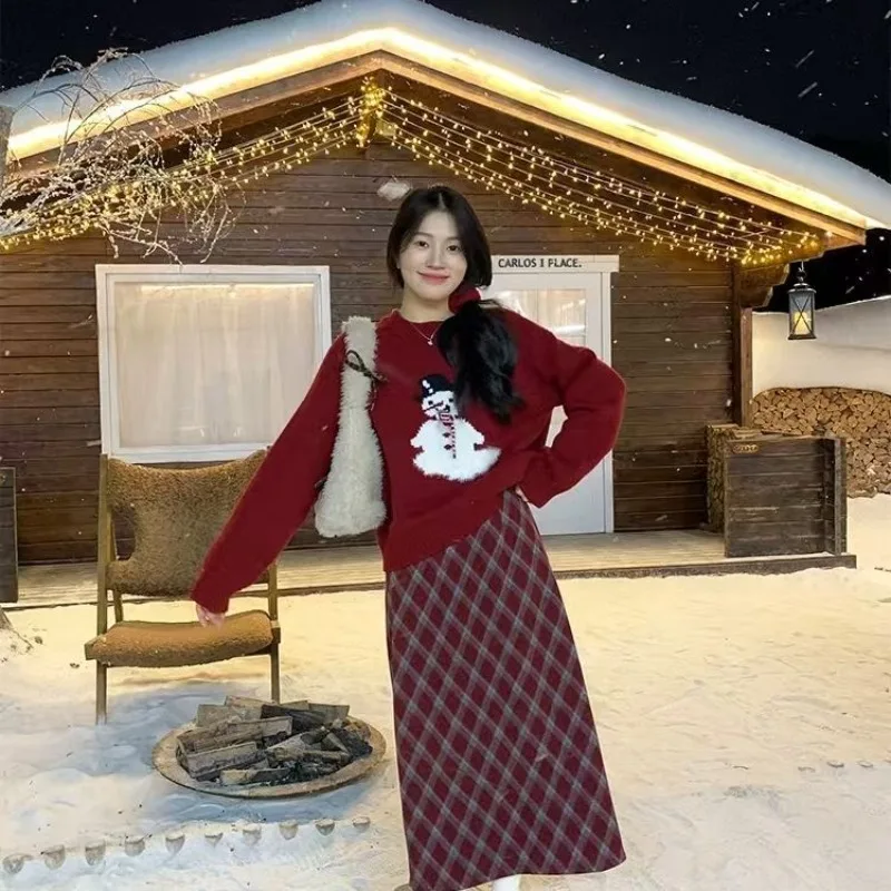 2025 Nieuwe cartoon sneeuwpop trui met 3D sjaal losse gebreide top met ronde hals voor dames