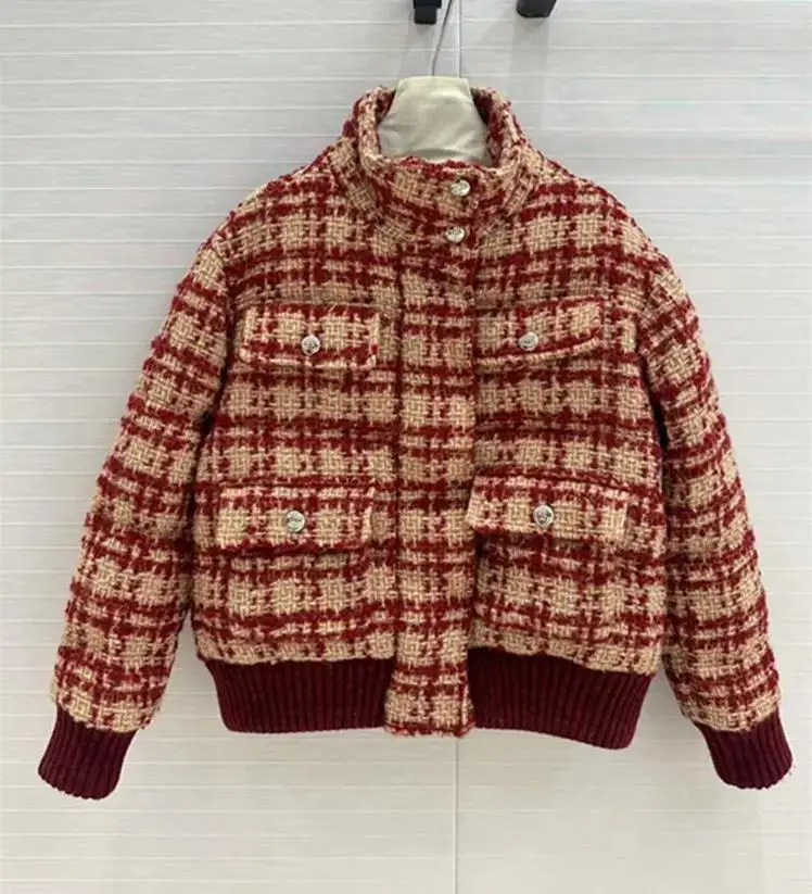 Europe and the United States women's 2024 winter new Stand collar Long sleeve tweed plaid Fashion down jacket