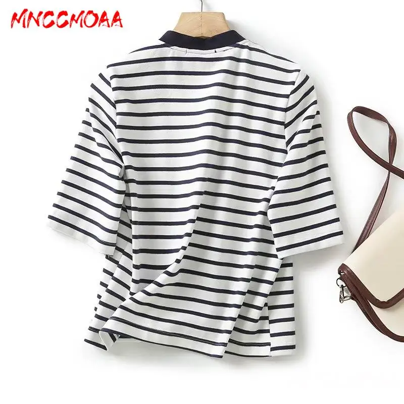 MNCCMOAA-Women's Single Breasted Striped Short Sleeve Knitted Cardigan Coat, Casual Round Neck Top Female Outerwear Fashion 2024