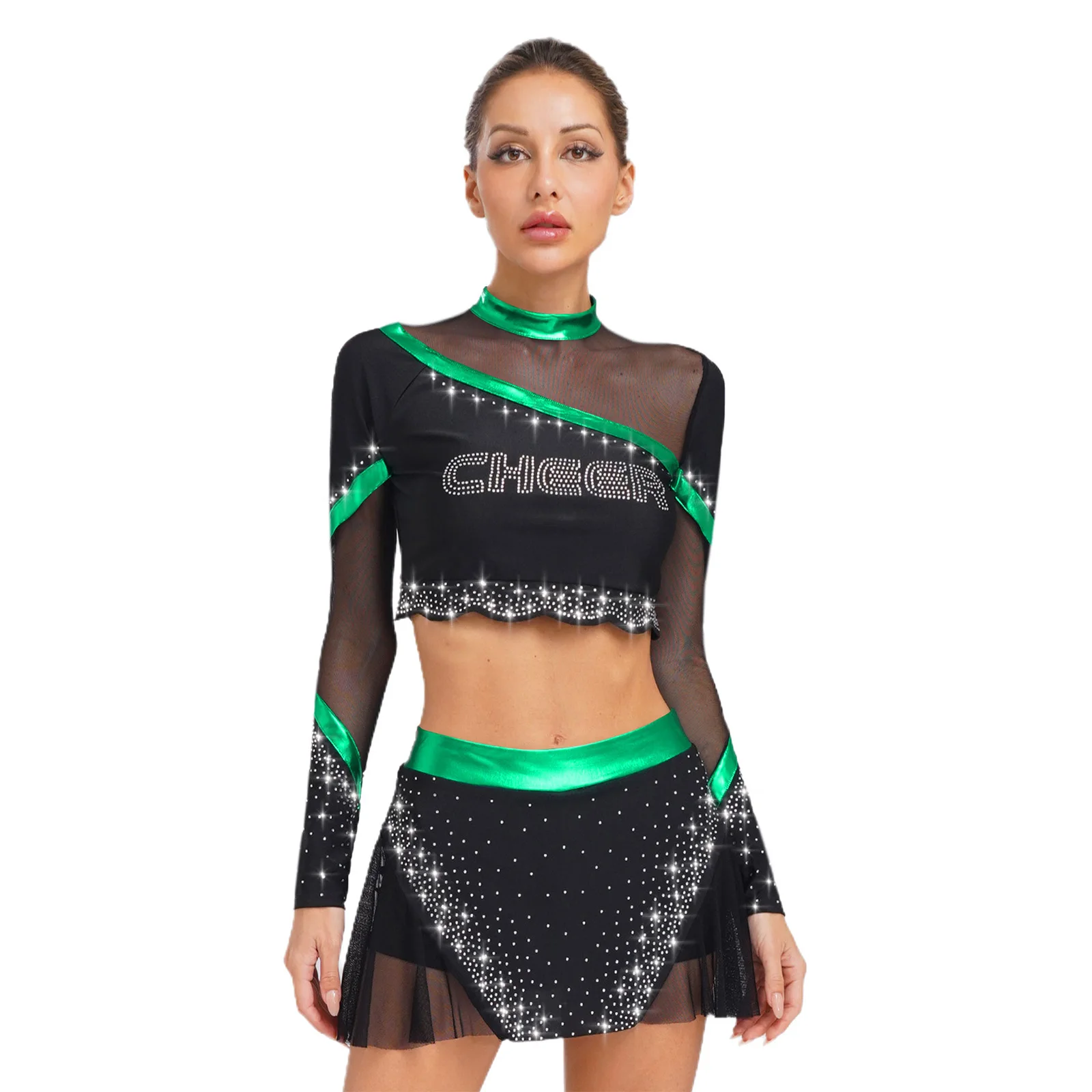 

Women Cheer Leader Outfits Costume Cheer Leading Uniforms Long Sleeves Crop Top and Pleated Mini Skirt Performance Dance Dresses