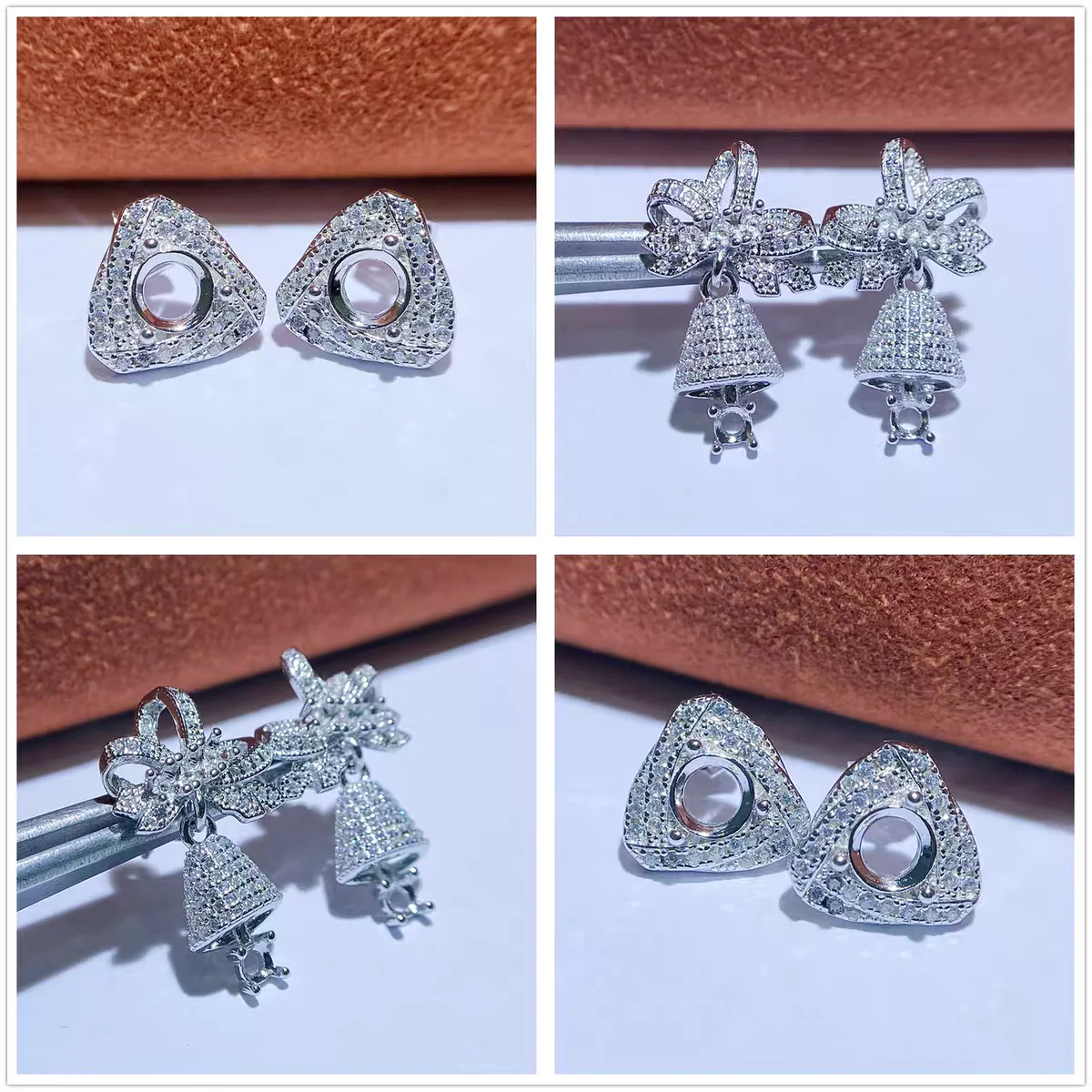 

MeiBaPJ 3mm/5mm Round Stones DIY 925 Silver Empty Setting Christmas Bell Stud Earrings Fine Charm Wedding Jewelry for Women