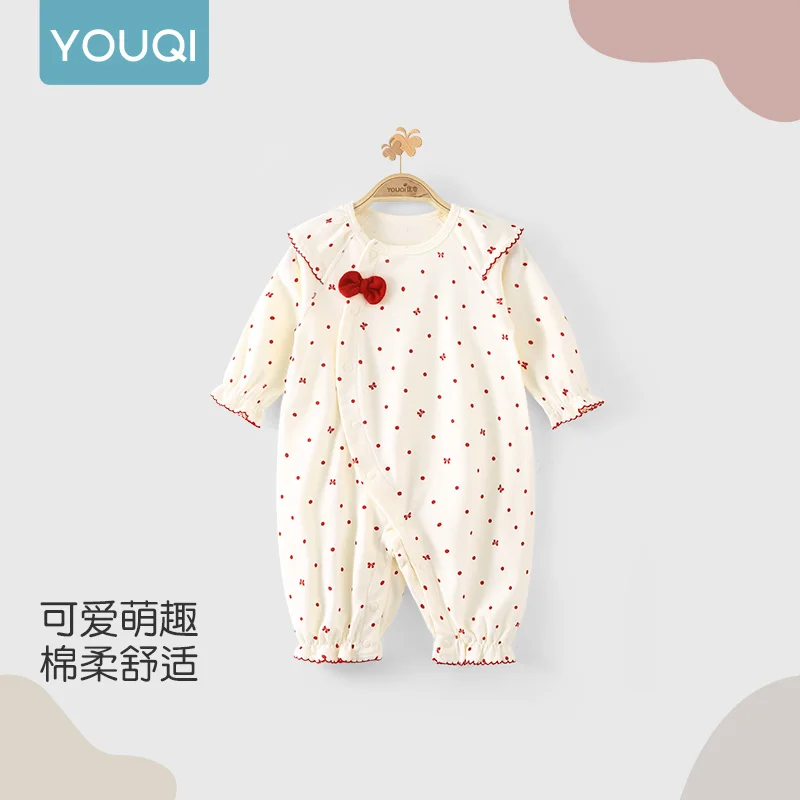 

【Youqi】Chinese Baby Pure Cotton One-Piece Clothing, Autumn Style Romper for Baby Girls, Full-Month Outfit, Crawling Suit, Princess Style