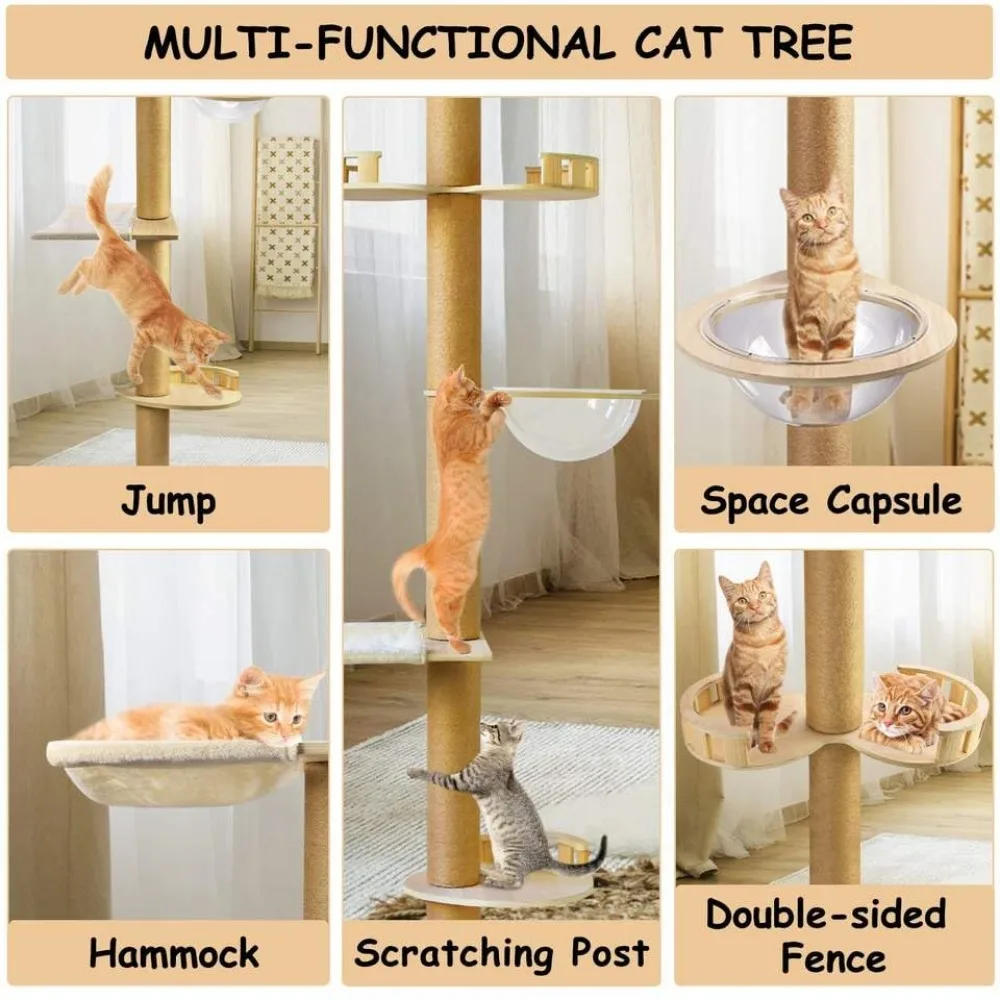 Indoor Cat Climbing Frame Height Adjustable Cats Tower Wooden Cattery Climb Pillar Kitten Scratching Posts Hammock Pet Furniture