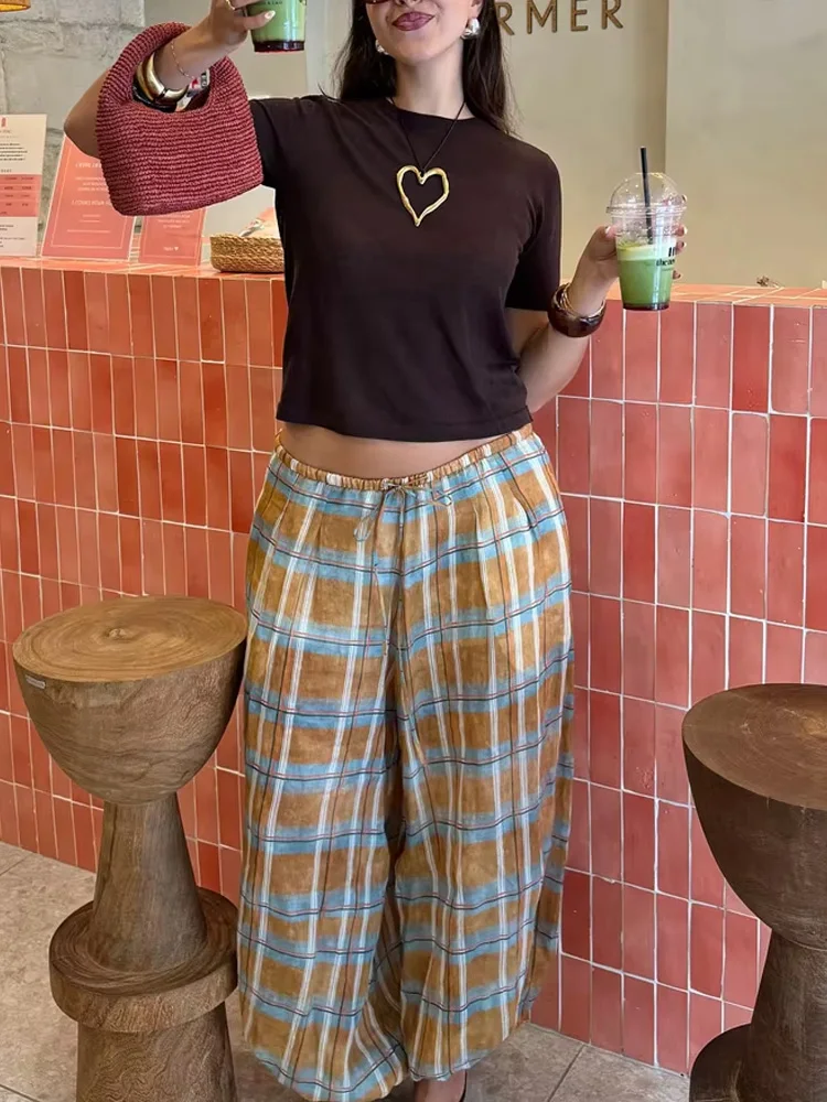 กางเกงลำลองผู้หญิงแฟชั่นฤดูใบไม้ร่วง ผ้ารามี ลายสก็อต ทรงหลวม สไตล์เก๋ไก๋ หรูหรา มีเชือกผูกเอว สไตล์ไฮสตรีท