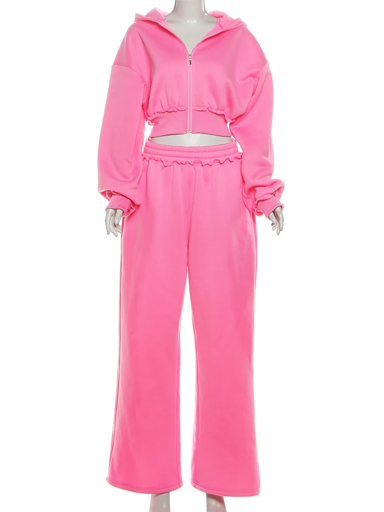 Kliou Setelan Kasual Sporty 2 Potong Wanita Cardigan Zip Lengan Panjang Berkerudung Jaket Crop+Celana Panjang Pinggang Elastis Pakaian Fashion Sehari-hari