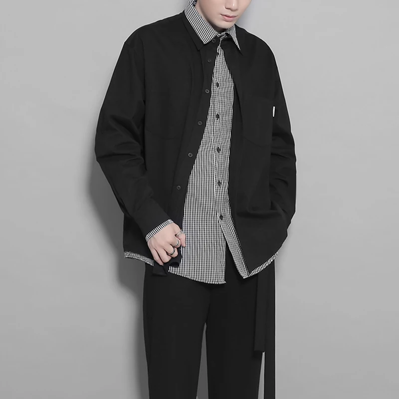

Мужская модная рубашка с уникальным дизайном на весну и осень, индивидуальная рубашка из двух предметов в клетку, черная повседневная модная рубашка с длинным рукавом