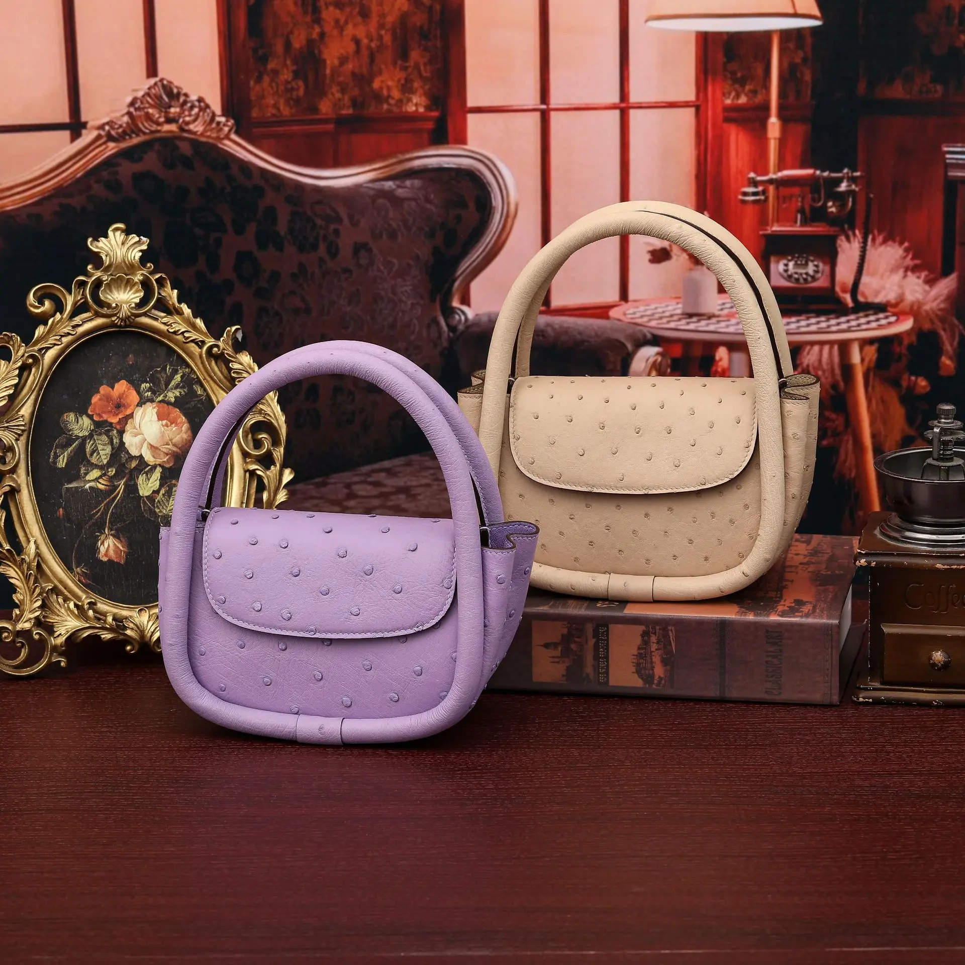 

2025 New Ostrich Leather Soft Bag Genuine Leather Women's Handbag Fashion Lady Shoulder Crossbody Bag 45