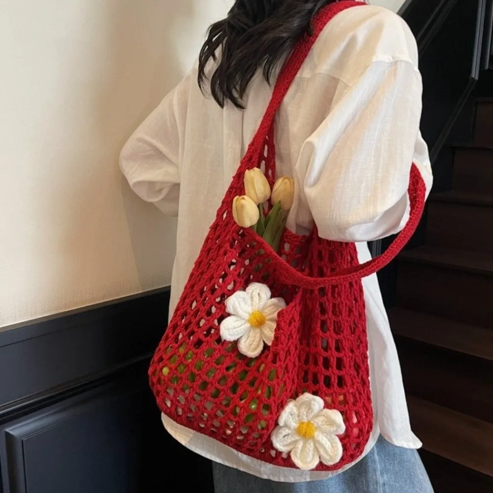 

Sweet Flower Knitted Tote Bag Woolen Eco-Friendly Crochet Handbag Hobo Bag Korean Style Hollow Shoulder Bag Vacation