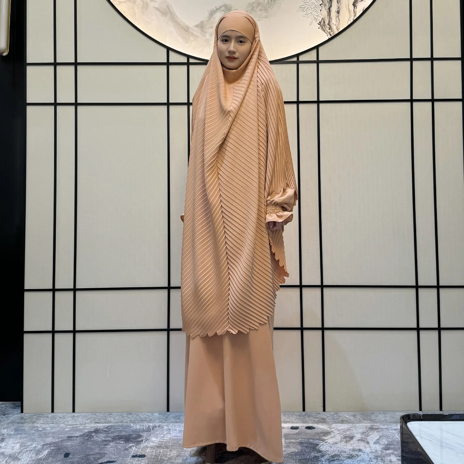 Caftán marroquí musulmán para mujer, Vestidos de oración de Dubái, bata larga de Ramadán, Hijab Abaya, pañuelo en la cabeza, Jalabiya Abayas, conjunto de 2 piezas