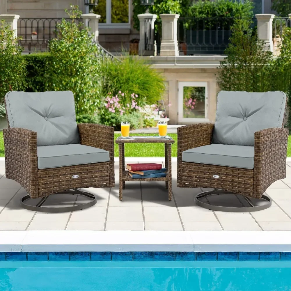 3-Piece Patio Outdoor Wicker Bistro Rocking Furniture Conversation Chairs for Garden, Backyard and Balcony (Tan Chairs