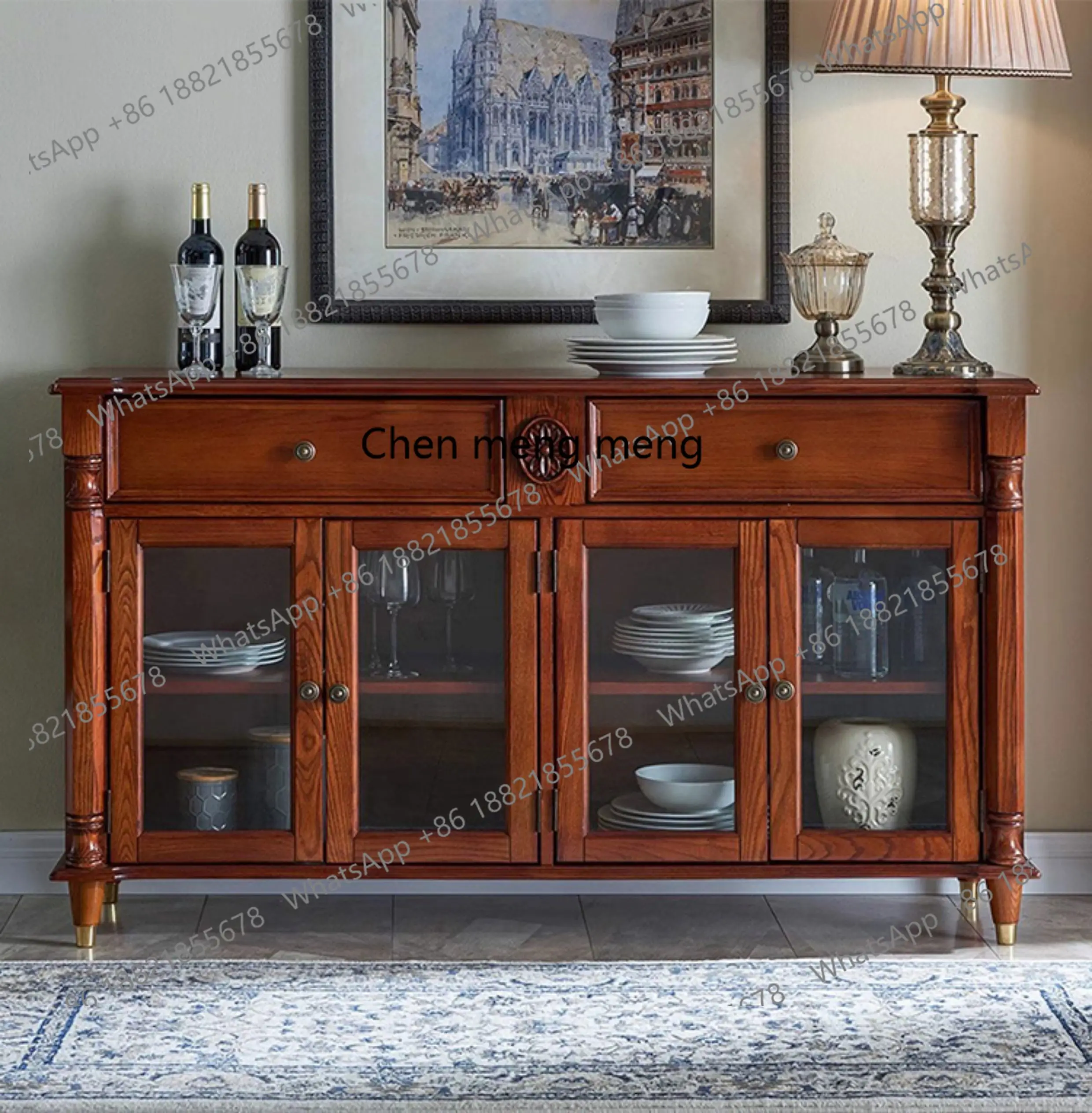 

American solid wood dining room side cabinet retro living room glass locker household