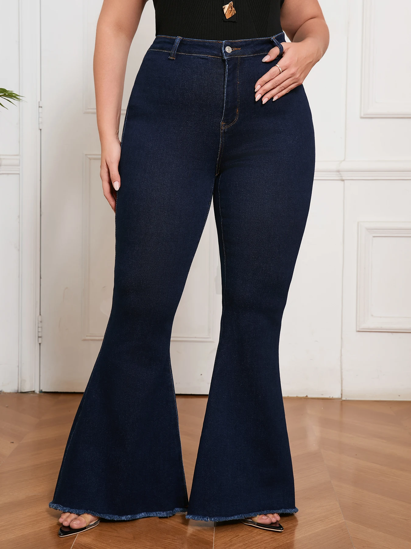 Full Figured Women’s Dark Wash High Waist Denim Pants Butt Lifting Bootcut Jeans Stretch Comfortable Everyday Clothing