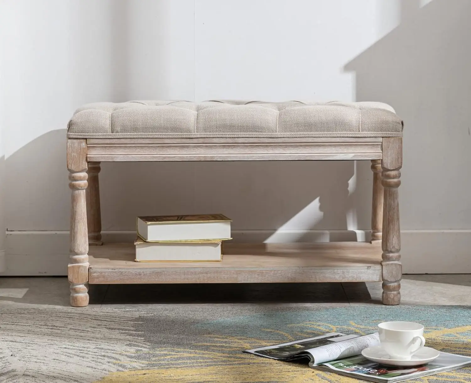 Storage Entryway Bench Tufted Shoe Rack Bench Wood Window Bench for Hallway Entrance Bedroom Corner-1 Seat, Beige