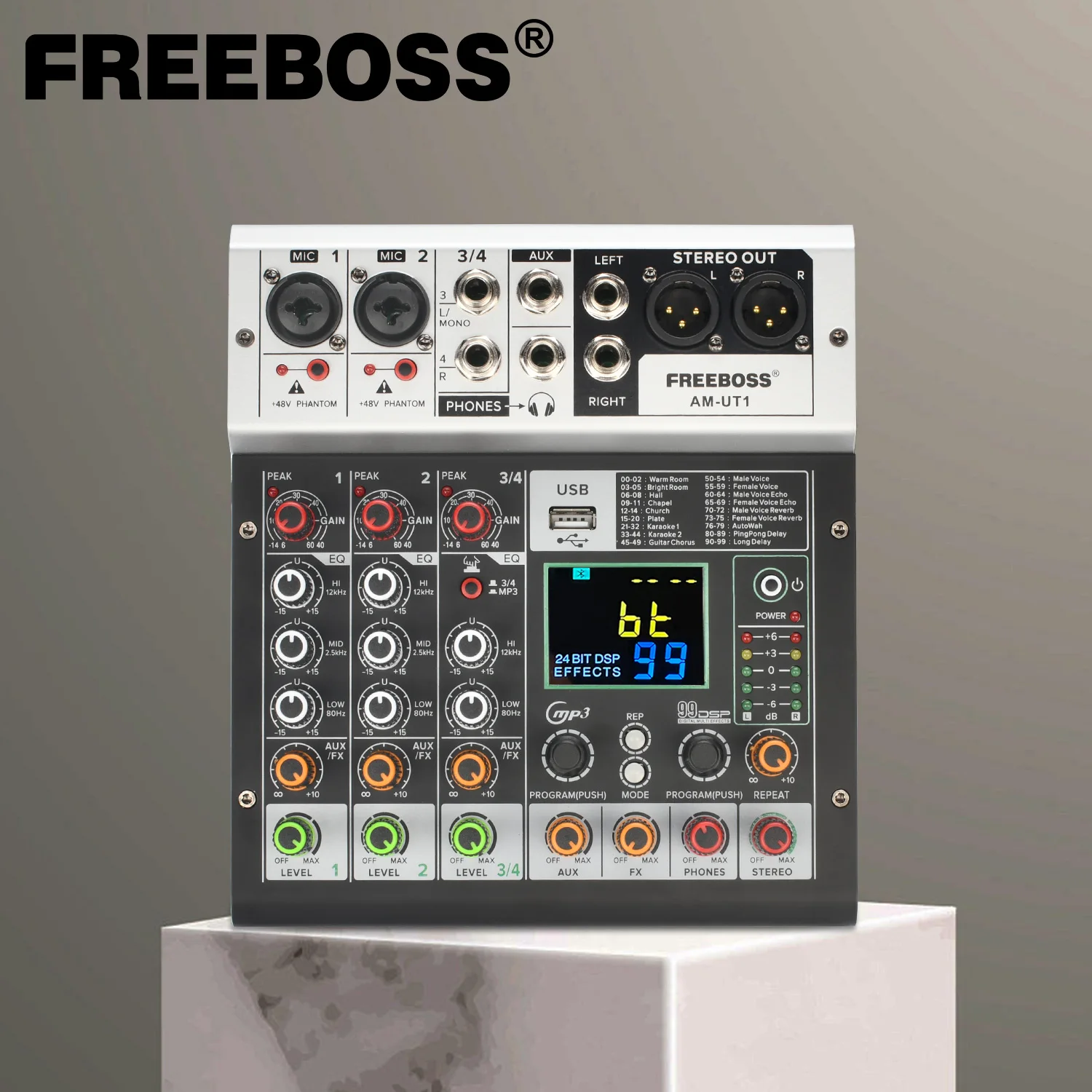 Freeboss 4 Channels Mixer Audio 99 DSP Effect 48V Bluetooth USB Recording Sound Mixing Console for Karaoke Church Meeting AM-UT1