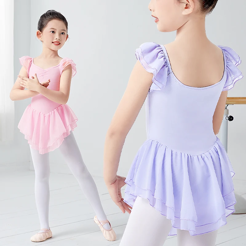 Baju dansa anak perempuan, baju balet anak perempuan lengan pendek dengan rok tari Leotard