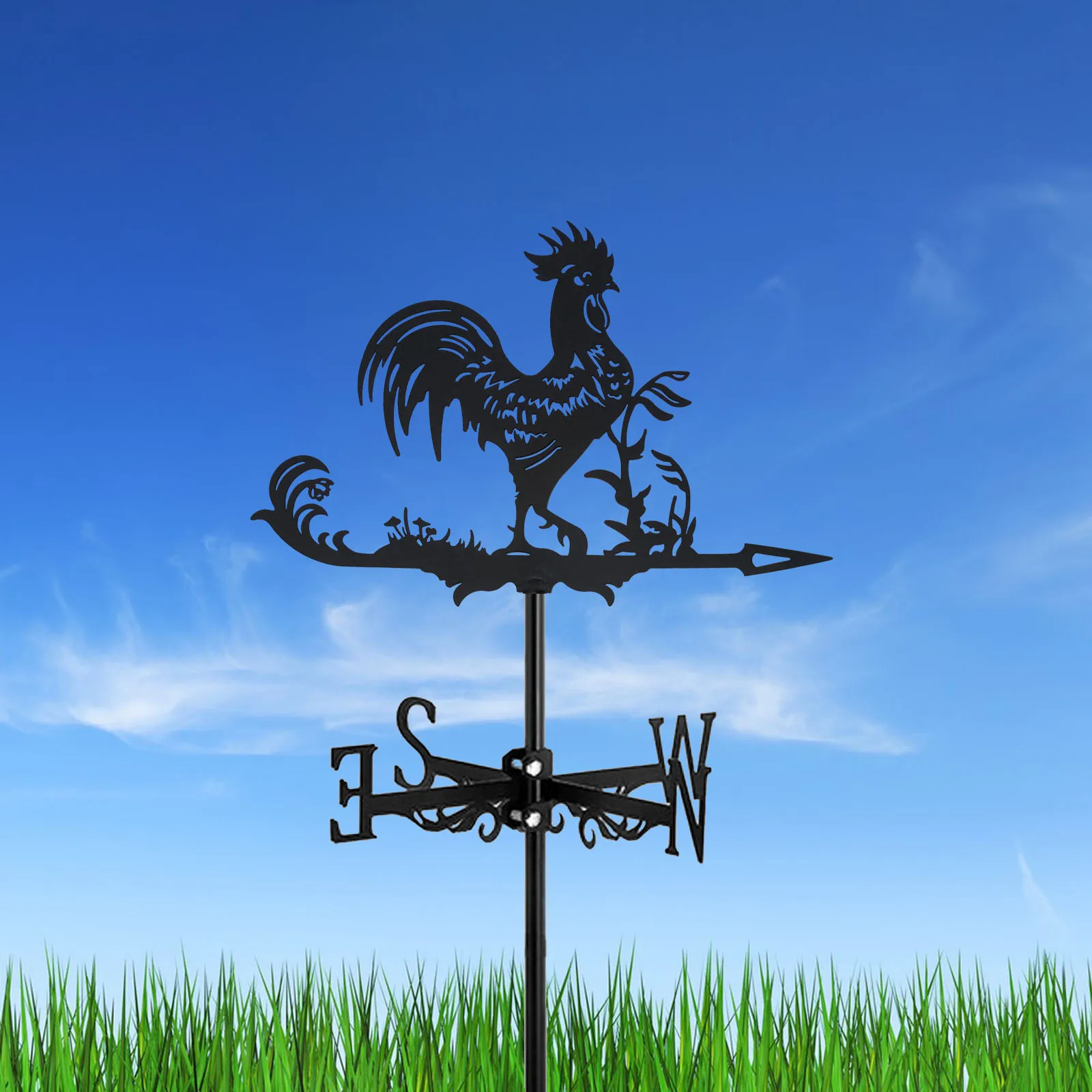 Rooster Cock Weathervane Silhouette Art Black Metal Chicke Wind Vanes Outdoors Decorations Garden for Roof Yard Building