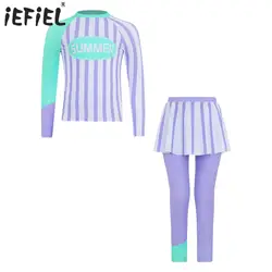 2Pcs Swimsuit Kids Girls Long Sleeve Padded Swim Top and Skirted Pants Set UPF50+ UV Protective Rash Guard Surfing Bathing Suit