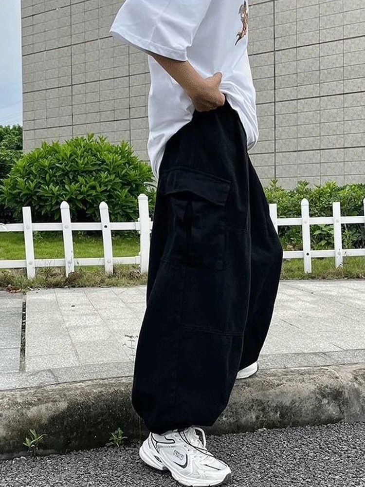 HOUZHOU Harajuku Streetwear Khaki Cargo Pants Women Oversize Pockets Hip Hop Black Wide Leg Trousers For Female Korean Fashion