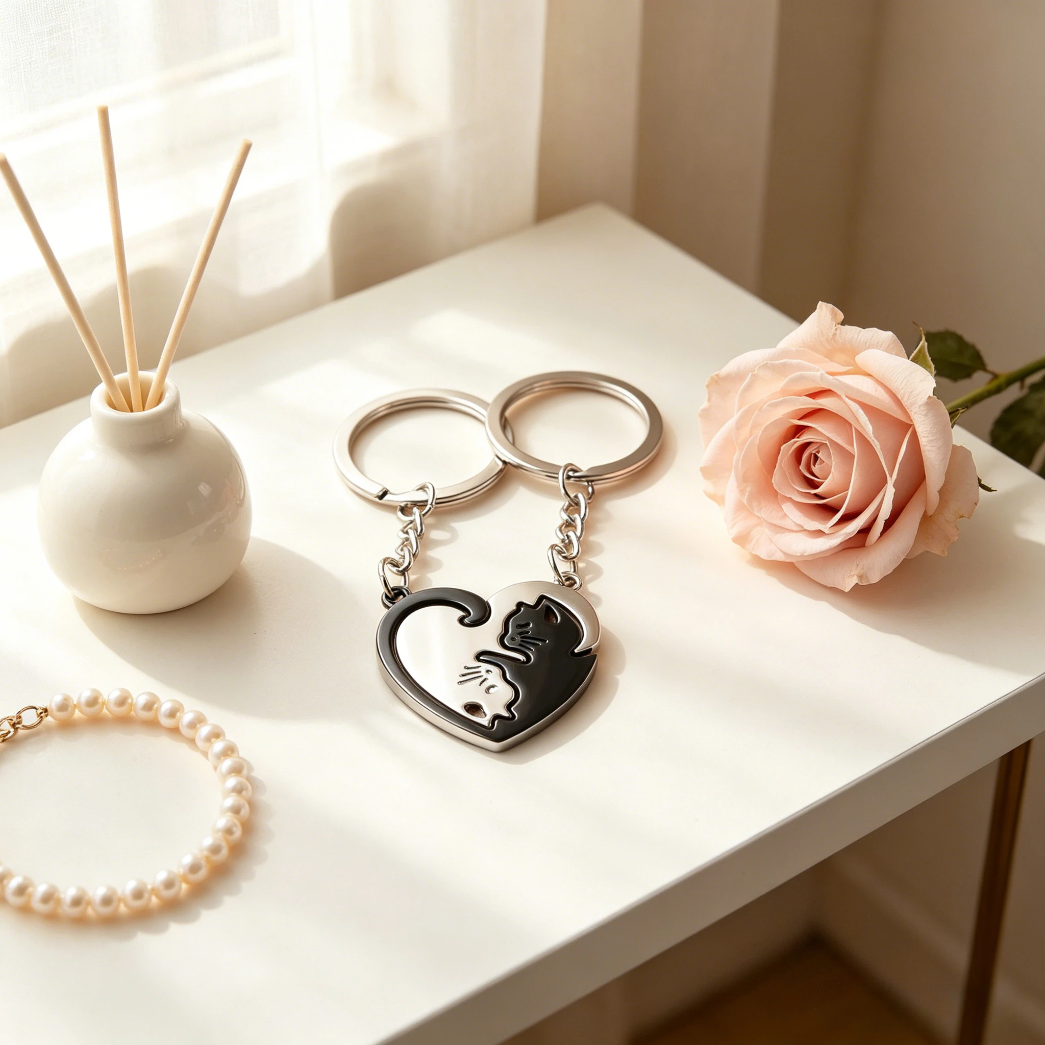 Interlocking Cat Heart Matching Couple Keychains Black Silver Split Puzzle Key Ring Romantic Distance Lover Gift Cute Animal Bag Key Pendant For Women Men