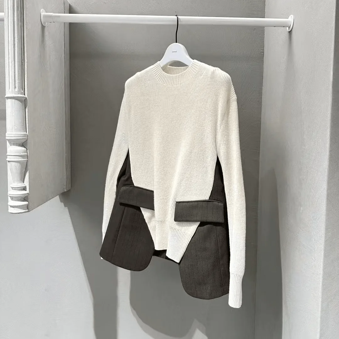 

FOG SACAI Japanese Sle Knitted Sweater round Ne Splicing Pleated Long Sve Commute Faion Autumn Winter New Arrival