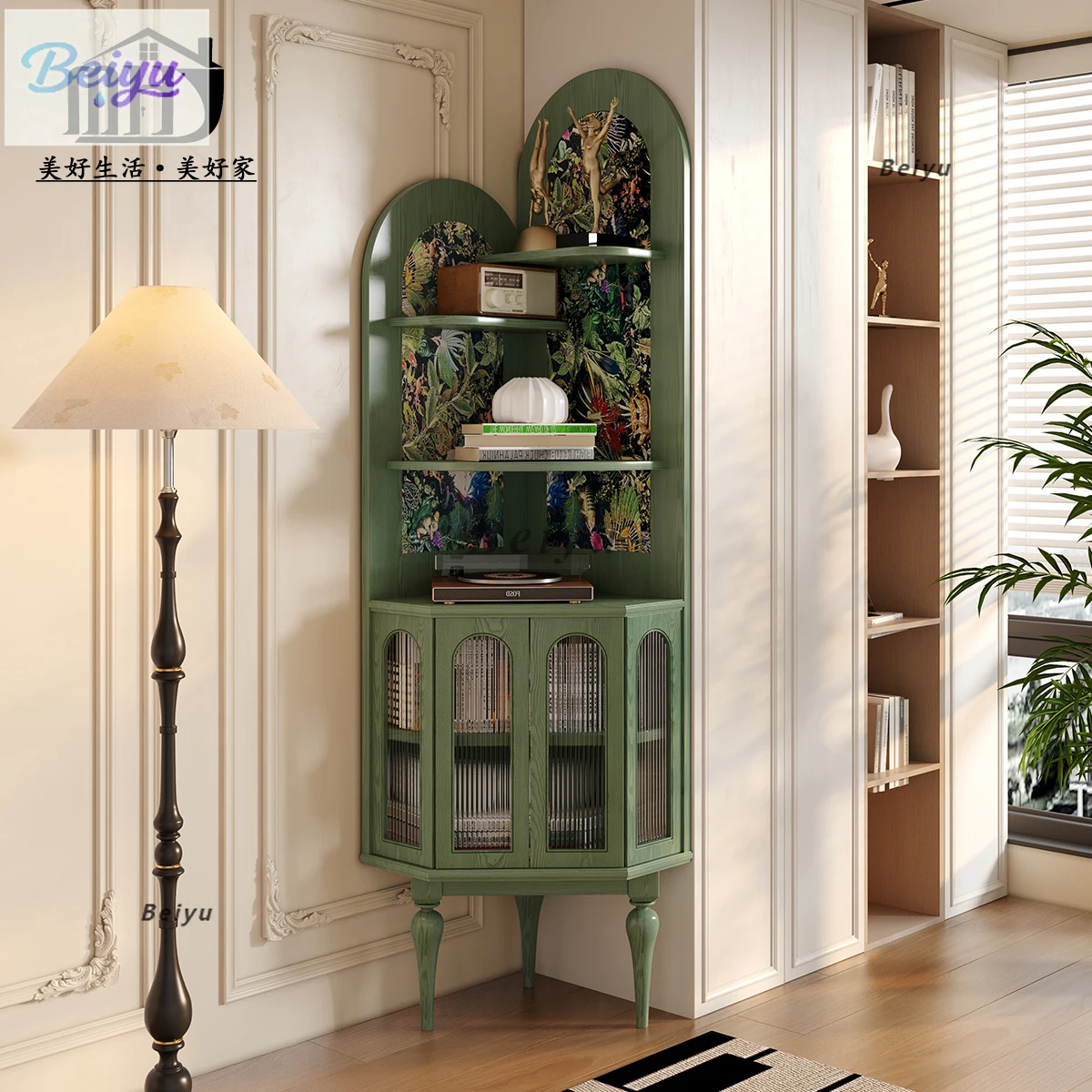MHJ Französischer Retro-Seitenschrank, amerikanischer Spind, Wohnzimmer, antiker Eckschrank, dreieckiger grüner Massivholzspind