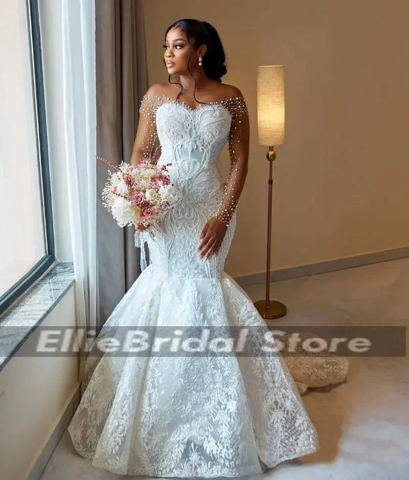 Elegant Wedding Dresses Mermaid Pearls Illusion Sleeves Beaded Lace Applique Romantic Bridal Gowns Vestido De Novia Customized