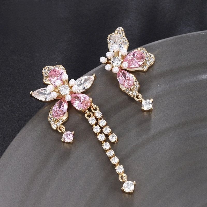 

Dawn's Jewel Colored Treasure Series Sweet Flower Asymmetrical Tassel Earrings Light Luxury For Women