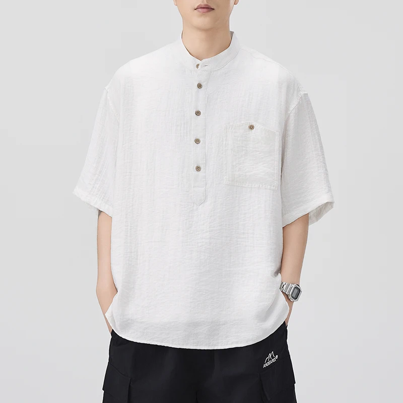 

Men's shirt UOOHE loose fit youth popular summer men's short sleeved cotton mid arm long sleeved stand up collar classic shirt s