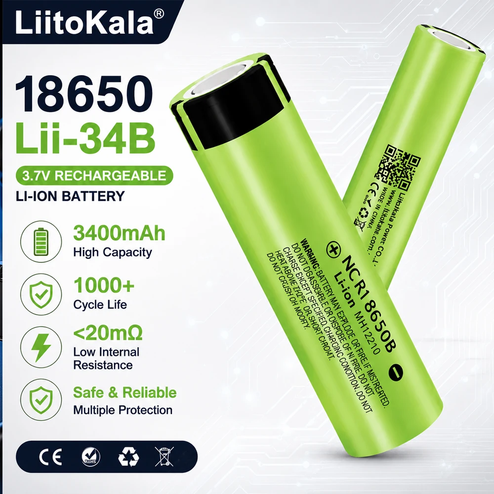 LiitoKala 18650 Akku 3400mAh 3.7V 34B Wiederaufladbarer Li-Ionen-Akku mit flachem Anschluss und hoher Kapazität für Taschenlampen, LED-Leuchten und Powerbanks