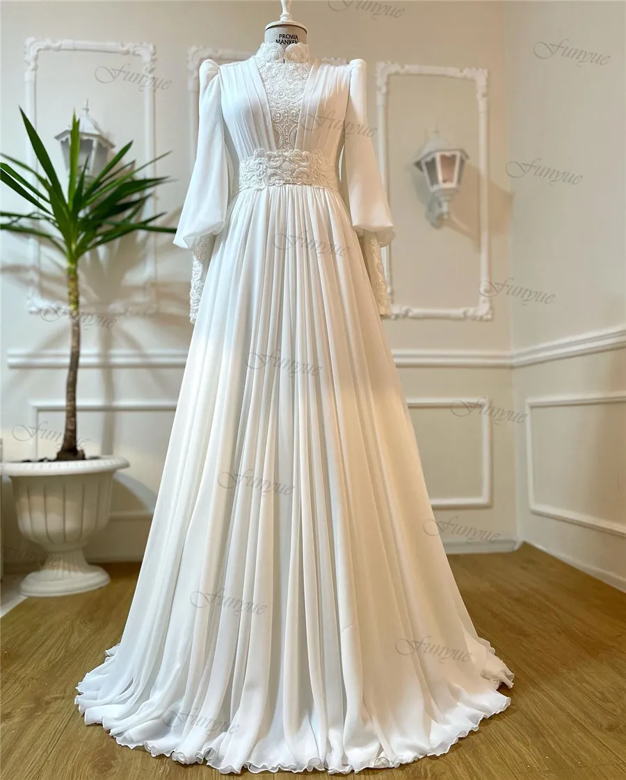 Funyue فرنسا الدانتيل فساتين زفاف إسلامية للنساء مطرز ألف خط الشيفون دبي فستان الزفاف كم كامل Vestidos De Novia 2025