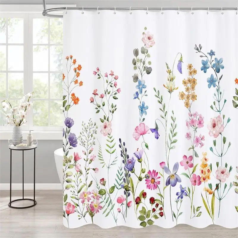 Green Eucalyptus Leaves Shower Curtains Watercolour Leaves Spring Plants Bath Curtain Modern Polyester Cloth Home Bathroom Decor