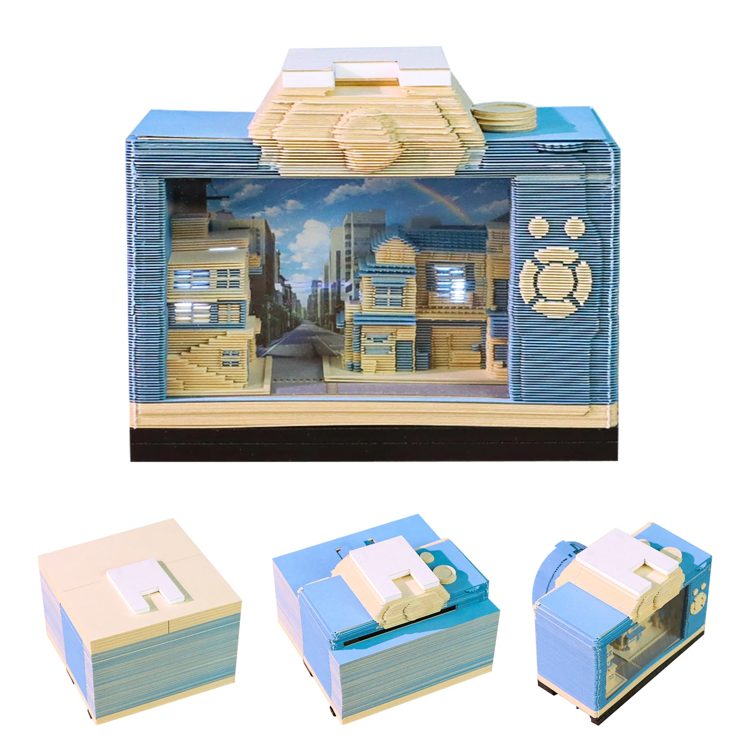 3D Camera Shaped Memo Pad Layered Paper Sticky Notes Hand Tear off Light-Up Desk Sculpture Creative Stationery with Calendar