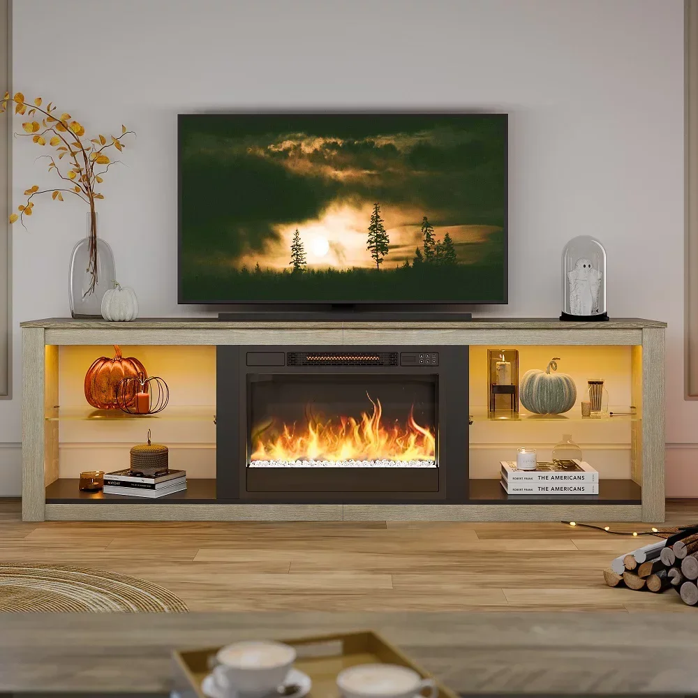 

# Modern Electric Fireplace TV Stand For TVs Up To 75" With LED Light In Wash White #